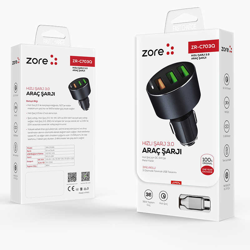 [RNZ-TA29393] Zore ZR-C703Q Lightning 2 in 1 Araç Şarj Seti