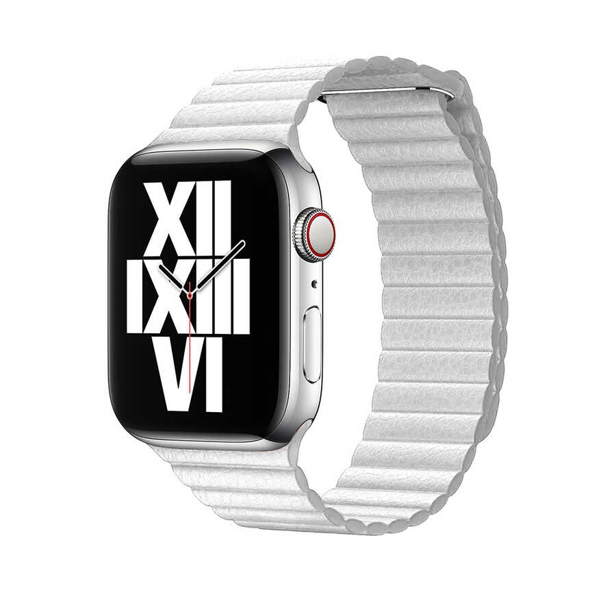 Apple Watch 44mm Uyumlu Kordon Suni Deri Bakla Tasarımlı KRD-09 Kayış