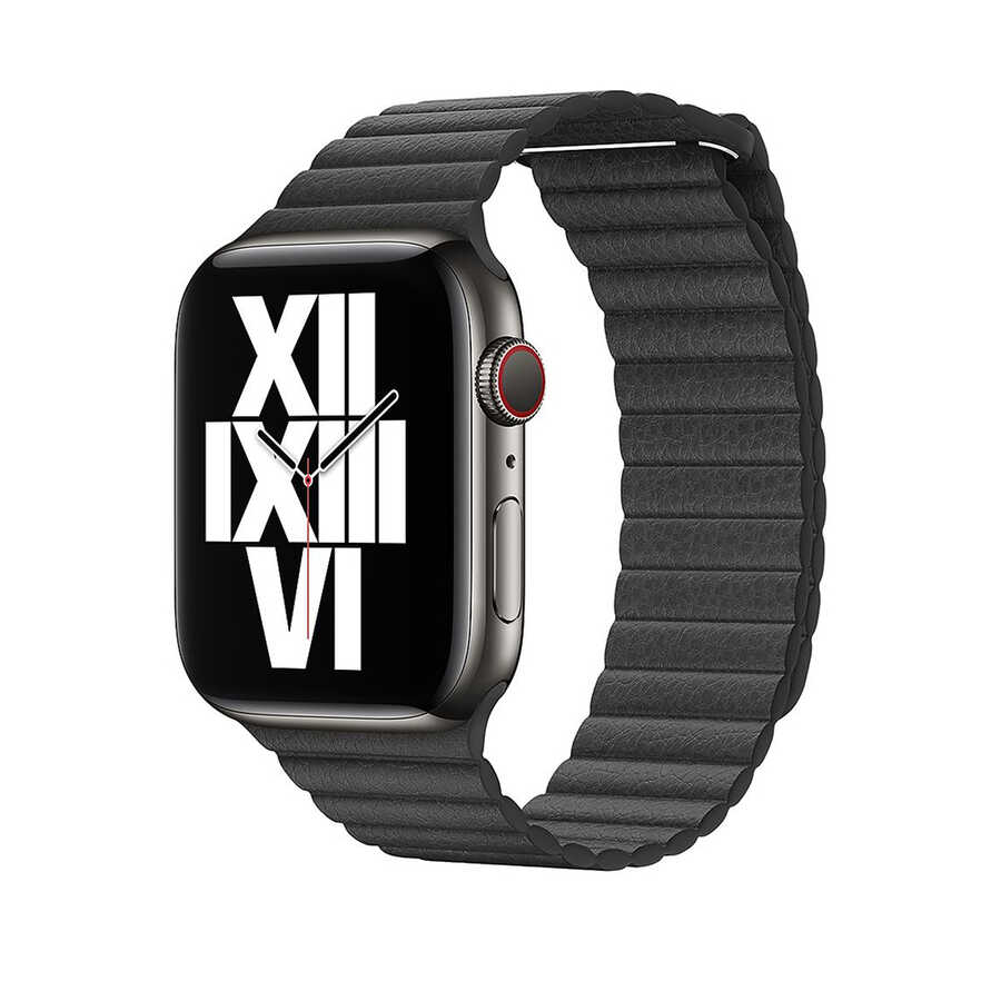 [RNZ-TA35170] Apple Watch 38mm Uyumlu Kordon Suni Deri Bakla Tasarımlı KRD-09 Kayış (Siyah)