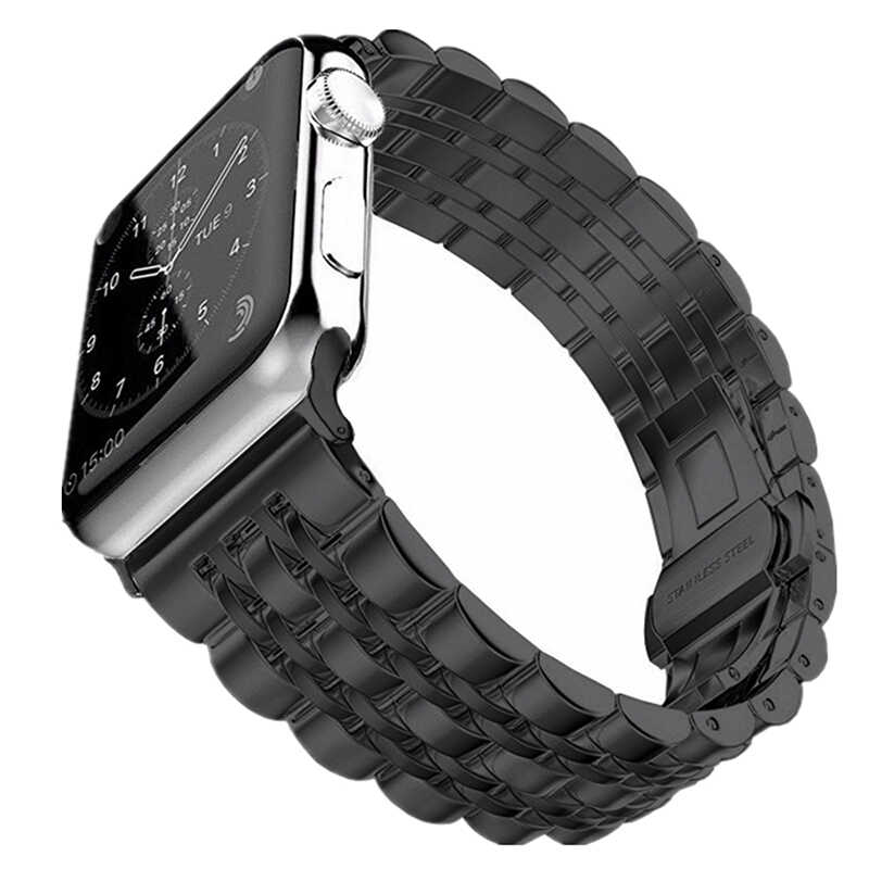 [RNZ-TA38885] Apple Watch 40mm Uyumlu Kordon Metal Şerit Tasarımlı Luxury Paslanmaz KRD-14 Kayış (Siyah)
