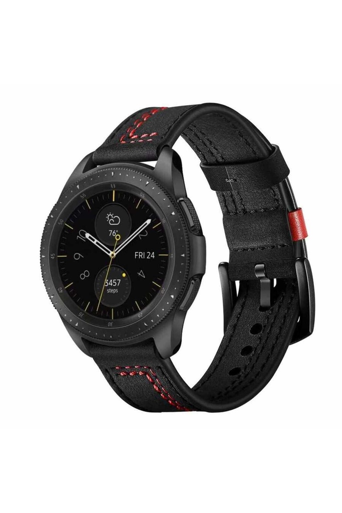 [RNZ-TA39306] Samsung Gear S2 (20mm) Uyumlu Kordon Deri Dikişli Luxury KRD-19 Kayış (Siyah)