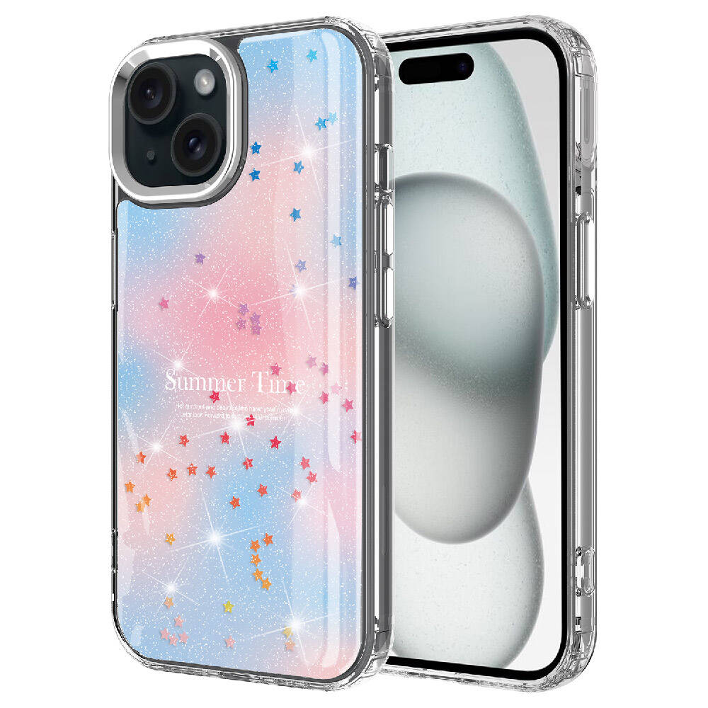 [RNZ-TA96751] Apple iPhone 15 Uyumlu Kılıf Simli Desenli Parlak Zore Task Kapak (Mavi)