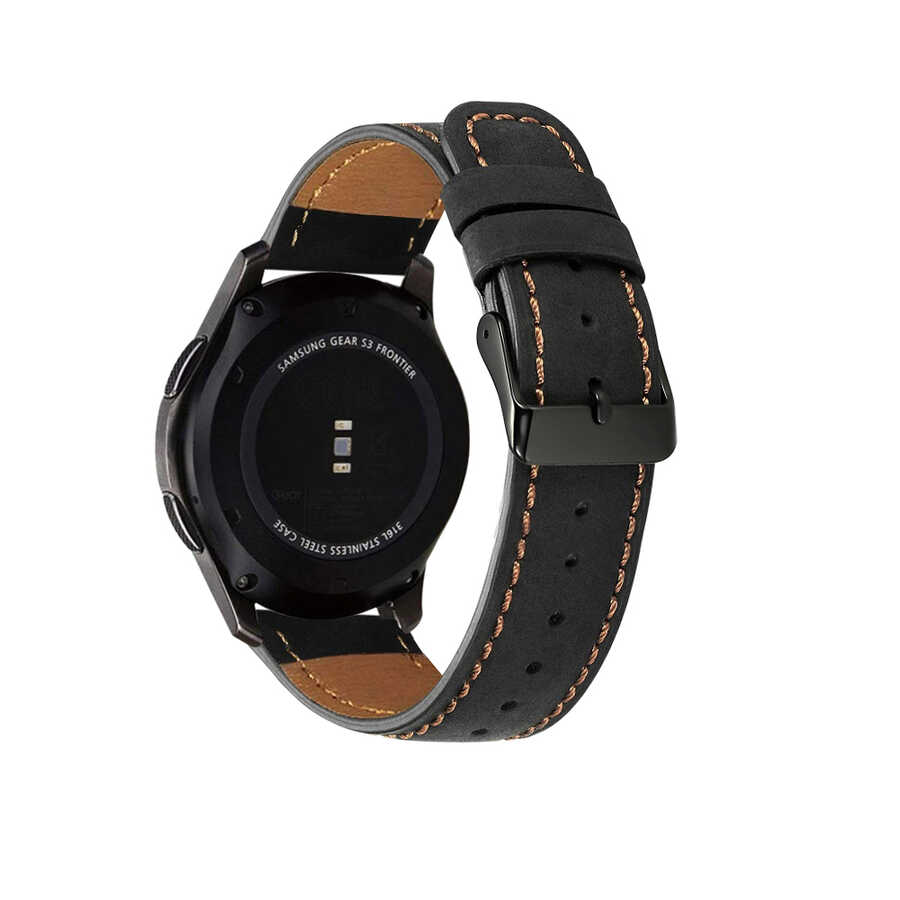 [RNZ-TA46379] Huawei GT2 46mm 22mm Uyumlu Kordon Deri İnce Tasarımlı Dikişli KRD-29 Kayış (Siyah)