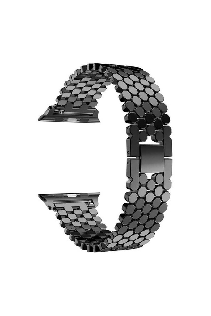 [RNZ-TA46887] Apple Watch 44mm Uyumlu Kordon Metal Bal Peteği Şık Tasarım KRD-30 Kayış (Siyah)