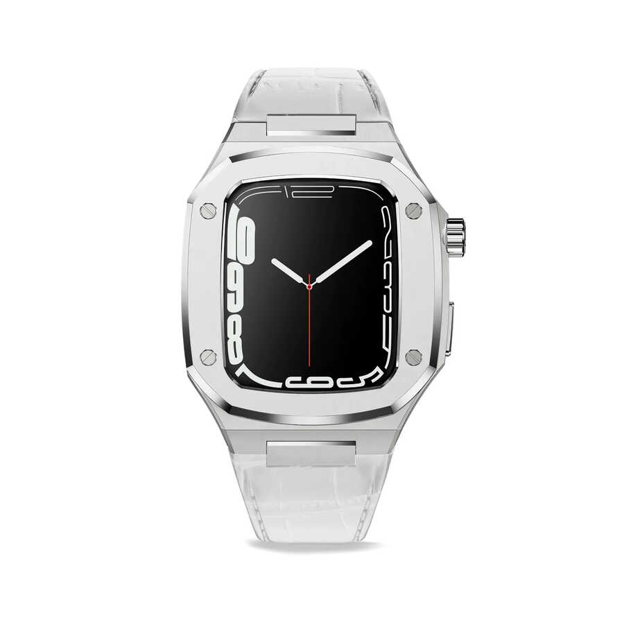 ​​​Apple Watch 7 45mm Uyumlu Kordon Deri Kordon Metal Kasa Korumalı Luxury KRD-67 Kayış