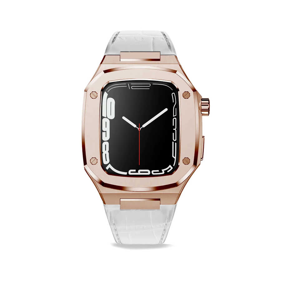 ​​​Apple Watch 7 45mm Uyumlu Kordon Deri Kordon Metal Kasa Korumalı Luxury KRD-67 Kayış
