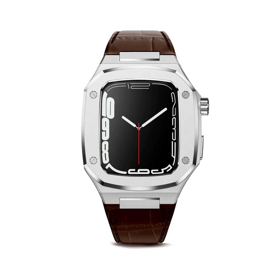 ​​​Apple Watch 7 45mm Uyumlu Kordon Deri Kordon Metal Kasa Korumalı Luxury KRD-67 Kayış