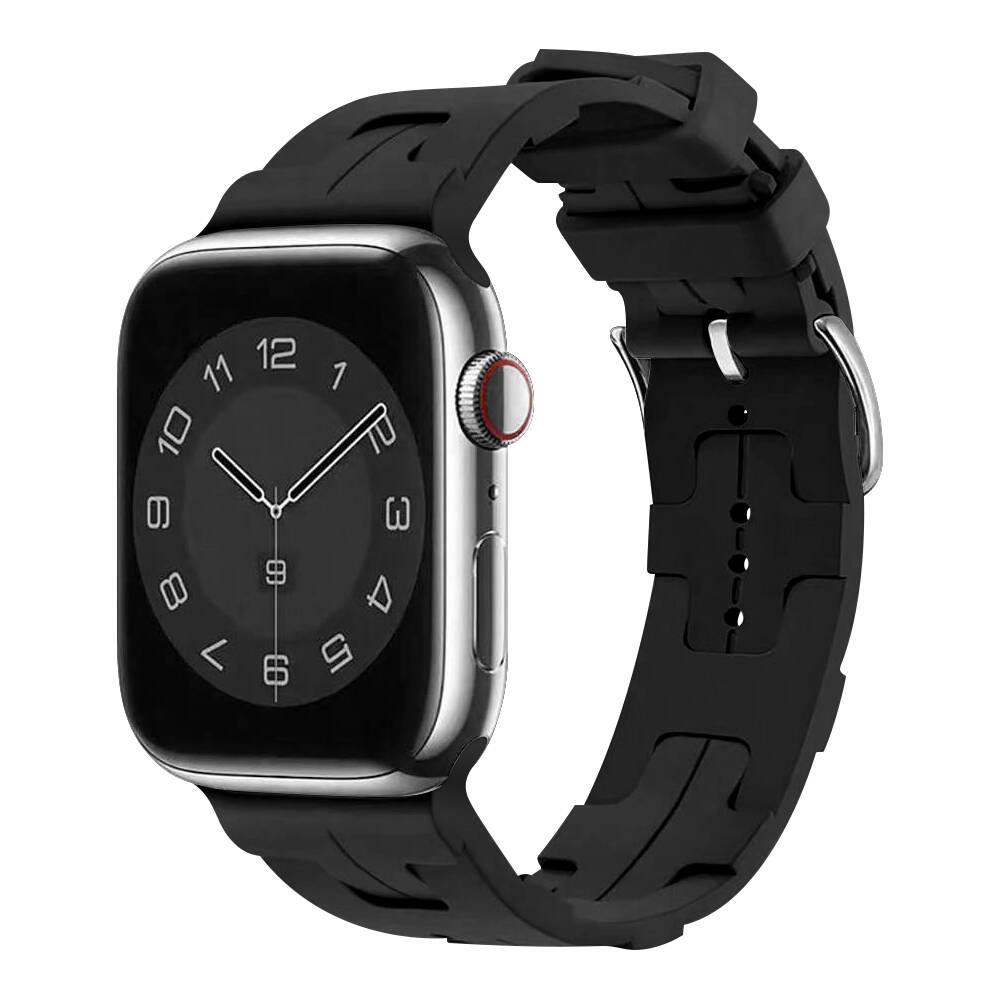 [RNZ-TA97435] Apple Watch 42mm Uyumlu Kordon Silikon Yumuşak Esnek Metal Klipsli KRD-92 Kayış (Siyah)