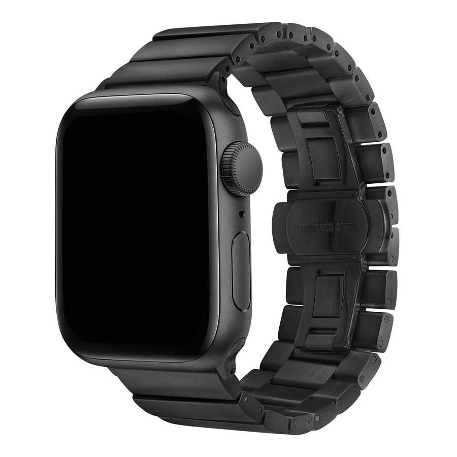 [RNZ-TA52239] Apple Watch 44mm Uyumlu Kordon Metal Paslanmaz KRD-41 Kayış (Siyah)