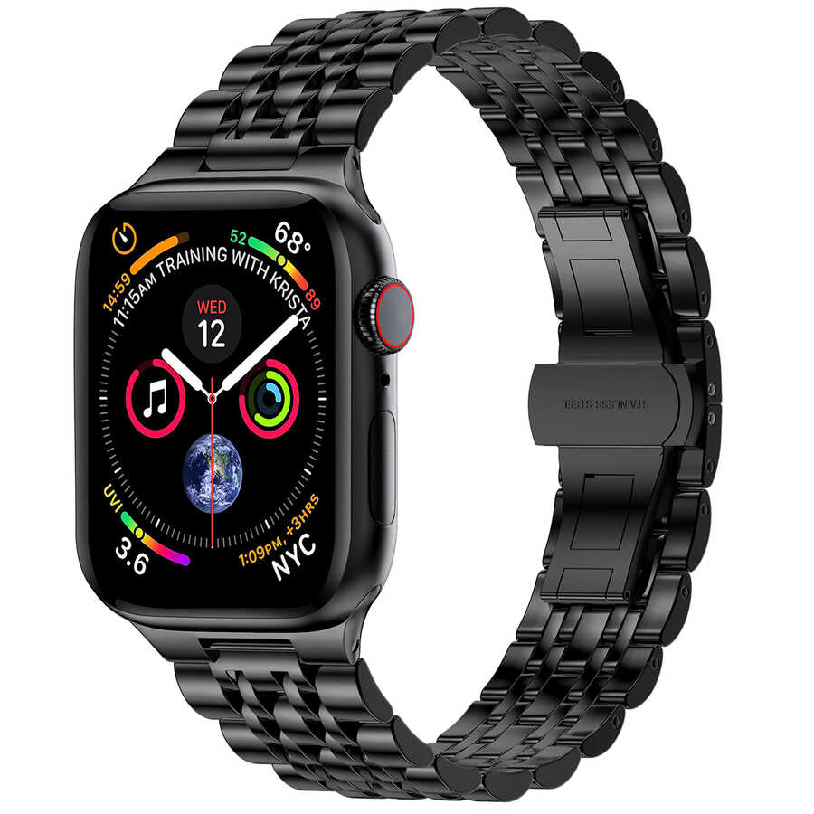 [RNZ-TA51304] Apple Watch 38mm Uyumlu Wiwu Seven Beads Steel Belt Metal Kordon (Siyah)