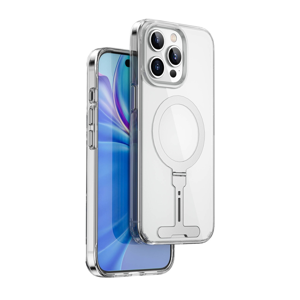 Apple iPhone 15 Pro Max Uyumlu Kılıf Wiwu FYY-014 M-safe Şarj Özellikli Alüminyum Alaşım Metal Standlı Şeffaf Kapak