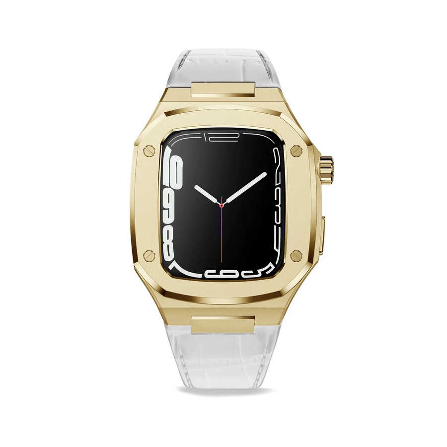 ​​​Apple Watch 44mm Uyumlu Kordon Deri Kordon Metal Kasa Korumalı Luxury KRD-67 Kayış