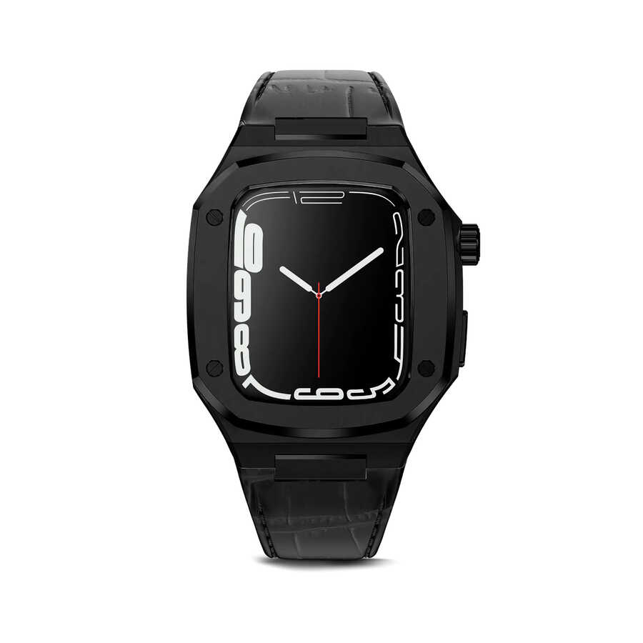 [RNZ-TA74971] ​​​Apple Watch 44mm Uyumlu Kordon Deri Kordon Metal Kasa Korumalı Luxury KRD-67 Kayış (Siyah)