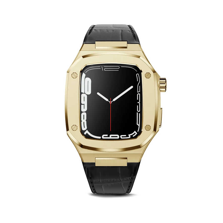 ​​​Apple Watch 44mm Uyumlu Kordon Deri Kordon Metal Kasa Korumalı Luxury KRD-67 Kayış