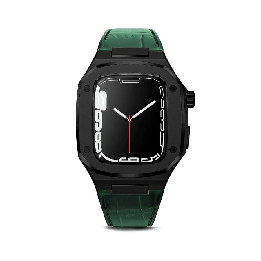 ​​​Apple Watch 44mm Uyumlu Kordon Deri Kordon Metal Kasa Korumalı Luxury KRD-67 Kayış