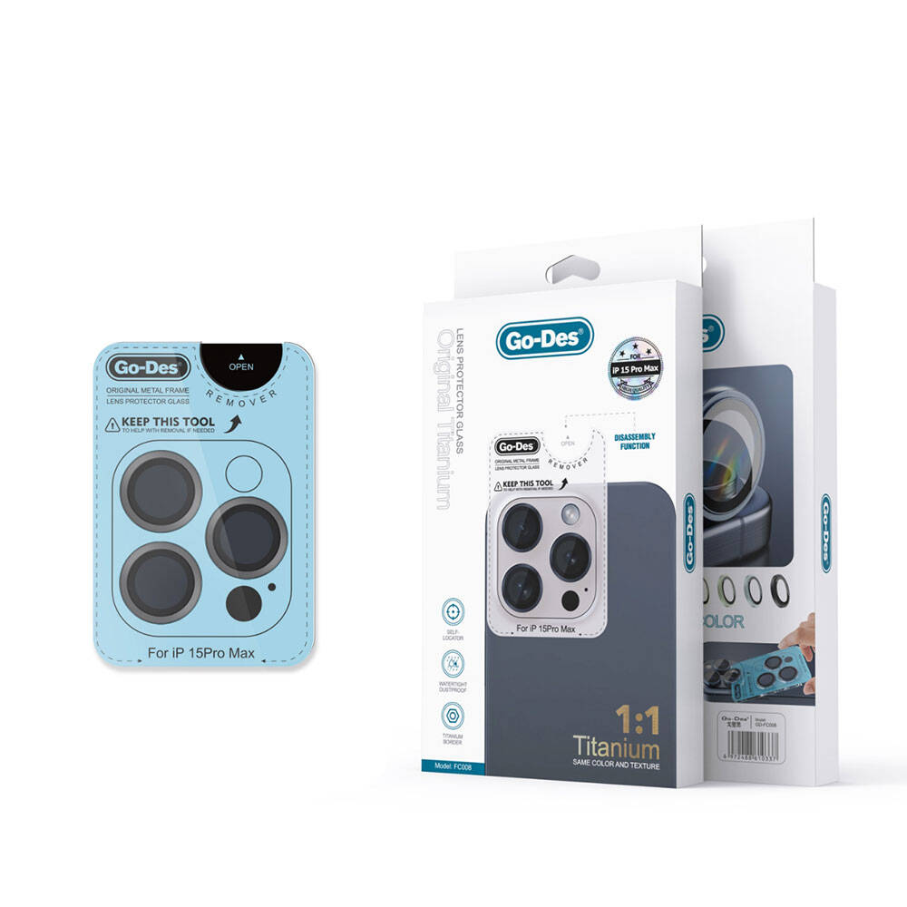 [RNZ-TA97000] Apple iPhone 15 Pro Uyumlu Go Des Titanium Premium Temperli Kamera Lens Koruyucu (Siyah)