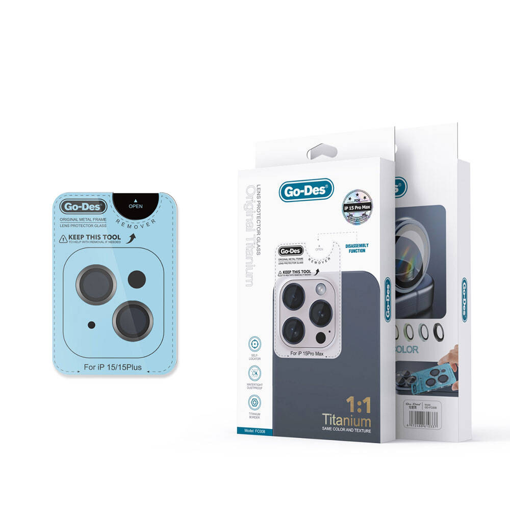 Apple iPhone 15 Uyumlu Go Des Titanium Premium Temperli Kamera Lens Koruyucu