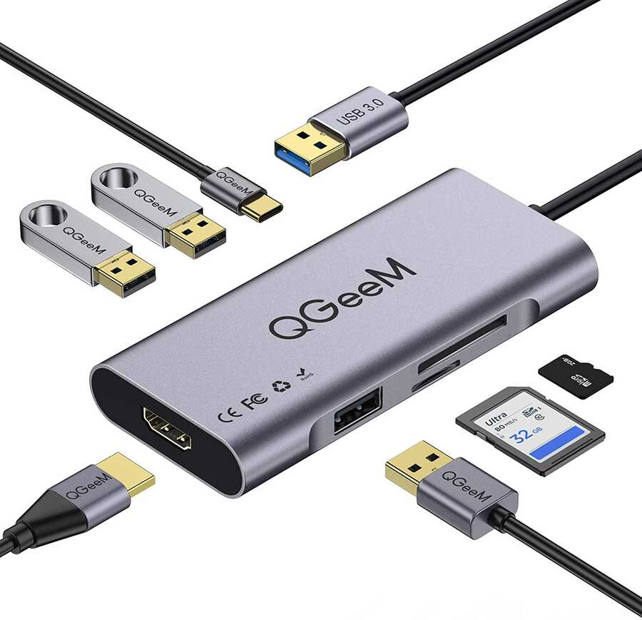 [RNZ-TA62062] Qgeem QG-UH07-A Type-C Çoğaltıcı ve Dönüştürücü Hub Usb 3.0 HDMI 4K SD Kart 85W 5120Mbps
