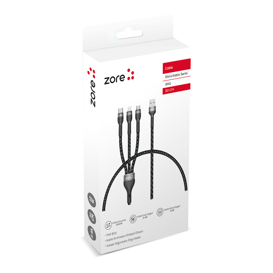 [RNZ-TA62877] ​Zore Shira Serisi 3in1 USB Kablo 30cm