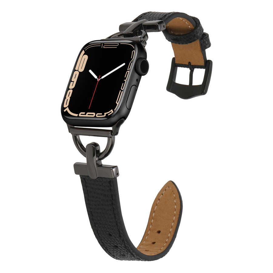 [RNZ-TA68957] ​​​Apple Watch 42mm Uyumlu KRD-53 Deri Kordon (Siyah)