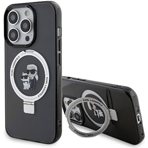 Apple iPhone 15 Pro Max Uyumlu Kılıf Karl Lagerfeld Orjinal Lisanslı M-safe Şarj Özellikli K&C İkonik Baskılı Ring Standlı Kapak