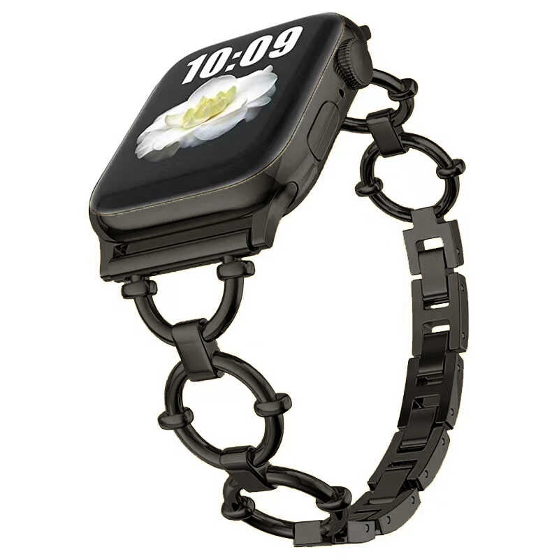 [RNZ-TA68921] ​​​Apple Watch 38mm Uyumlu Kordon Metal Paslanmaz Halka Tasarımlı KRD-56 Kayış (Siyah)