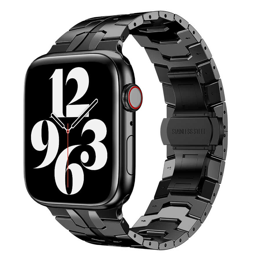 [RNZ-TA69009] ​​​Apple Watch 7 45mm Uyumlu Kordon Paslanmaz Çelik Luxury Zore KRD-63 Metal Kayış (Siyah)