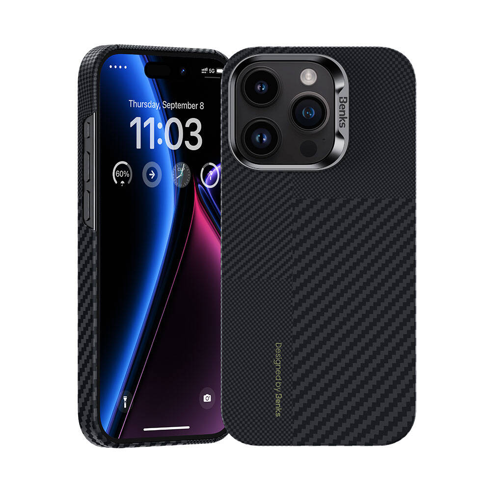 [RNZ-TA98123] Apple iPhone 15 Pro Uyumlu M-safe Şarj Özellikli Karbon Fiber Benks Montage ArmorAir Kevlar Kapak