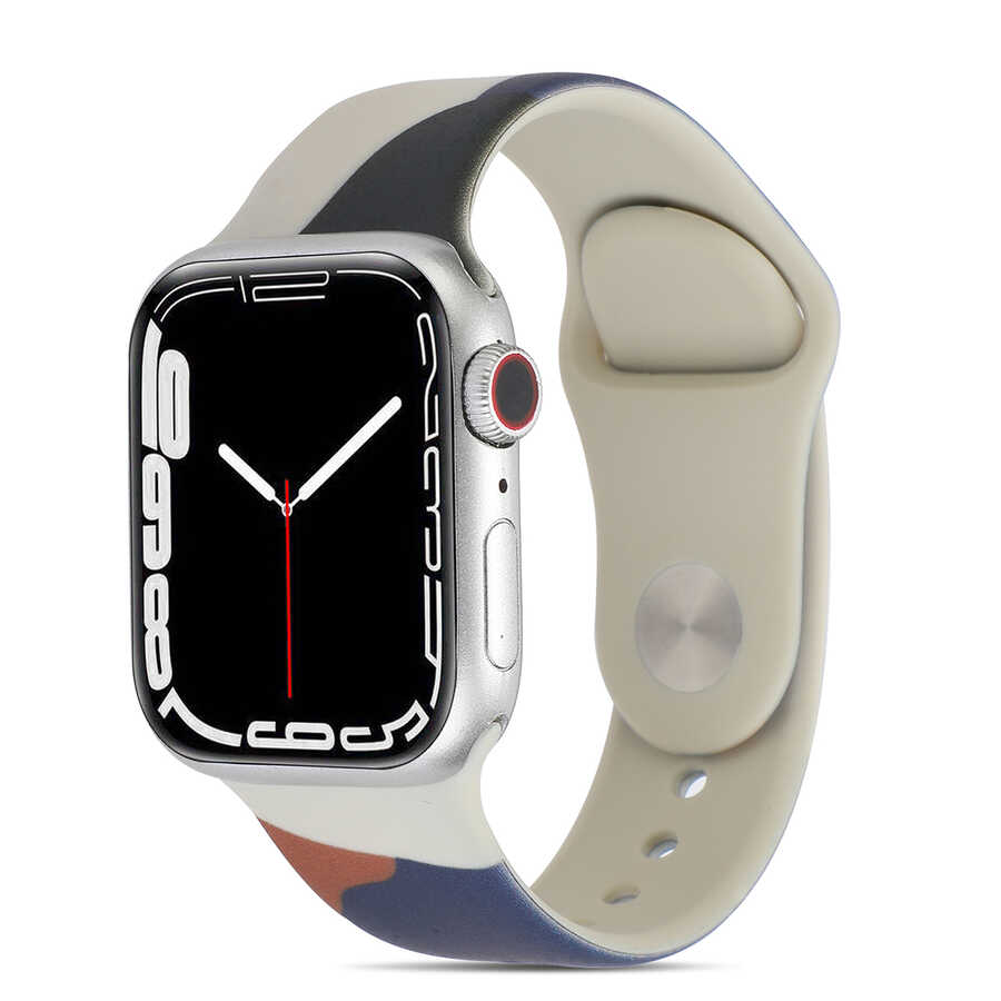 [RNZ-TA68987] Apple Watch 7 41mm Uyumlu Kordon Silikon Renkli Tasarım Yumuşak Spor KRD-62 Kayış (Blue İnk)