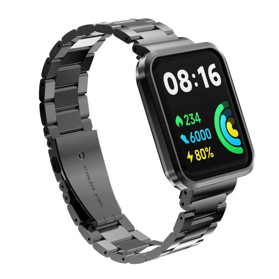 [RNZ-TA74873] Xiaomi Redmi Watch 2 Lite Uyumlu Kordon Paslanmaz Metal Baklalı Klipsli Zore KRD-60 Kayış (Siyah)