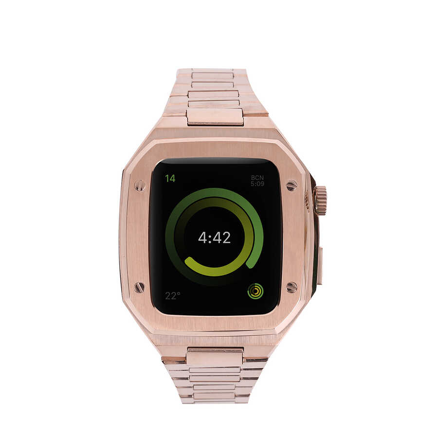 Apple Watch 7 45mm Uyumlu Kordon Metal Kasa Korumalı Klipsli Luxury Zore KRD-64 Kayış