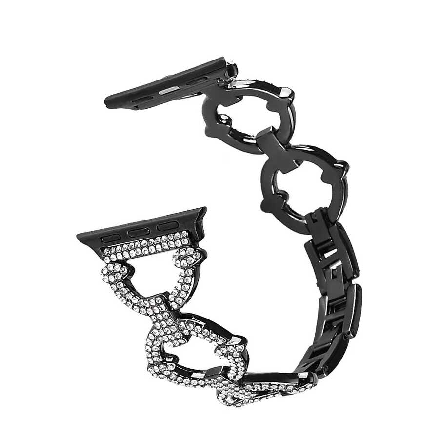 [RNZ-TA72250] ​​​Apple Watch 7 41mm Uyumlu Kordon Paslanmaz Metal Luxury Taşlı Tasarım KRD-57 Kayış (Siyah)