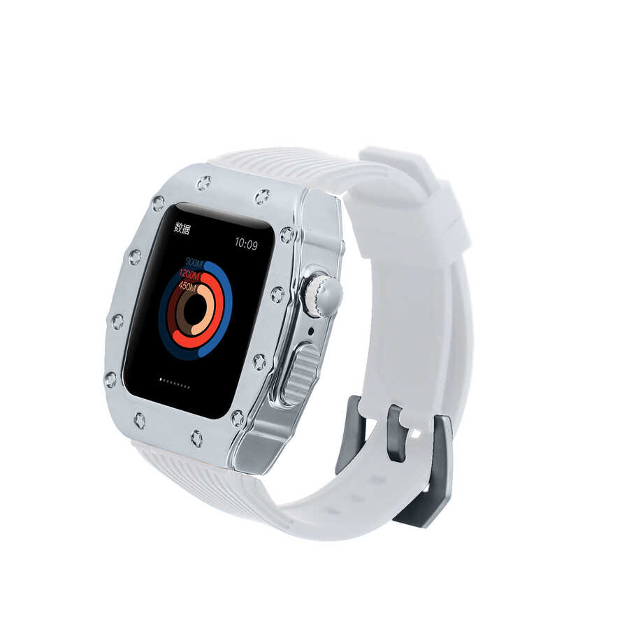 ​​​Apple Watch 7 45mm Uyumlu Kordon Metal Kasa Korumalı Silikon Luxury KRD-65 Kayış