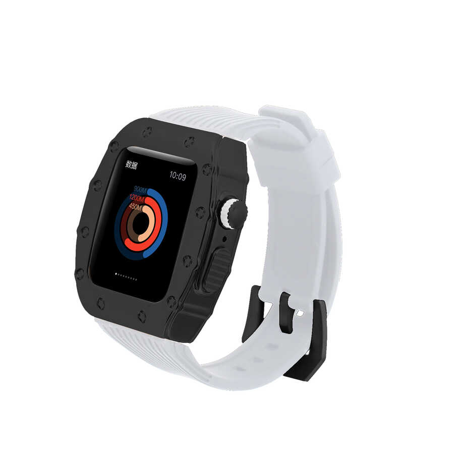 ​​​Apple Watch 7 45mm Uyumlu Kordon Metal Kasa Korumalı Silikon Luxury KRD-65 Kayış