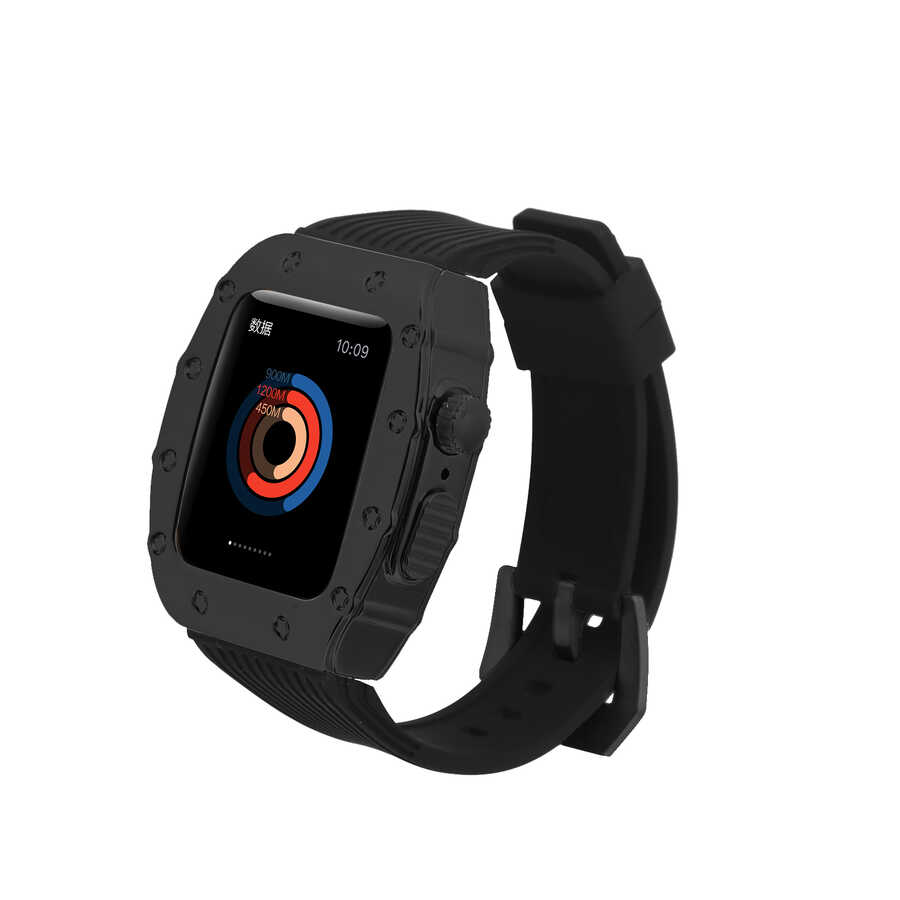 [RNZ-TA73839] ​​​Apple Watch 7 45mm Uyumlu Kordon Metal Kasa Korumalı Silikon Luxury KRD-65 Kayış (Siyah)