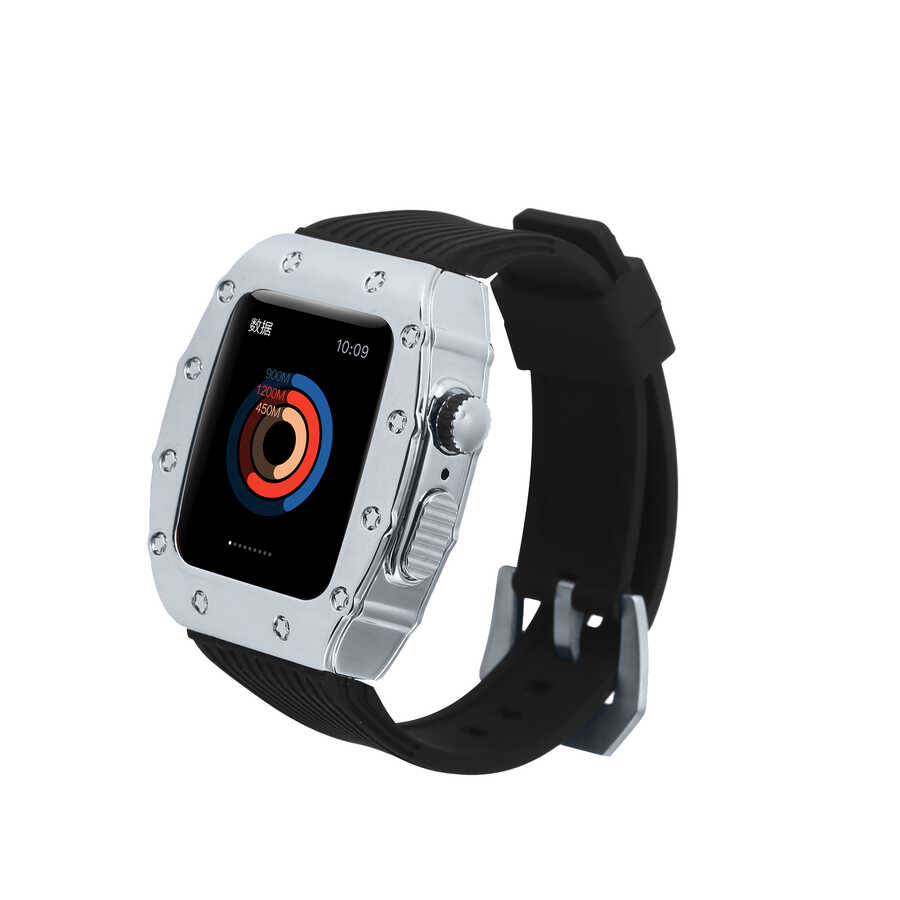 ​​​Apple Watch 7 45mm Uyumlu Kordon Metal Kasa Korumalı Silikon Luxury KRD-65 Kayış