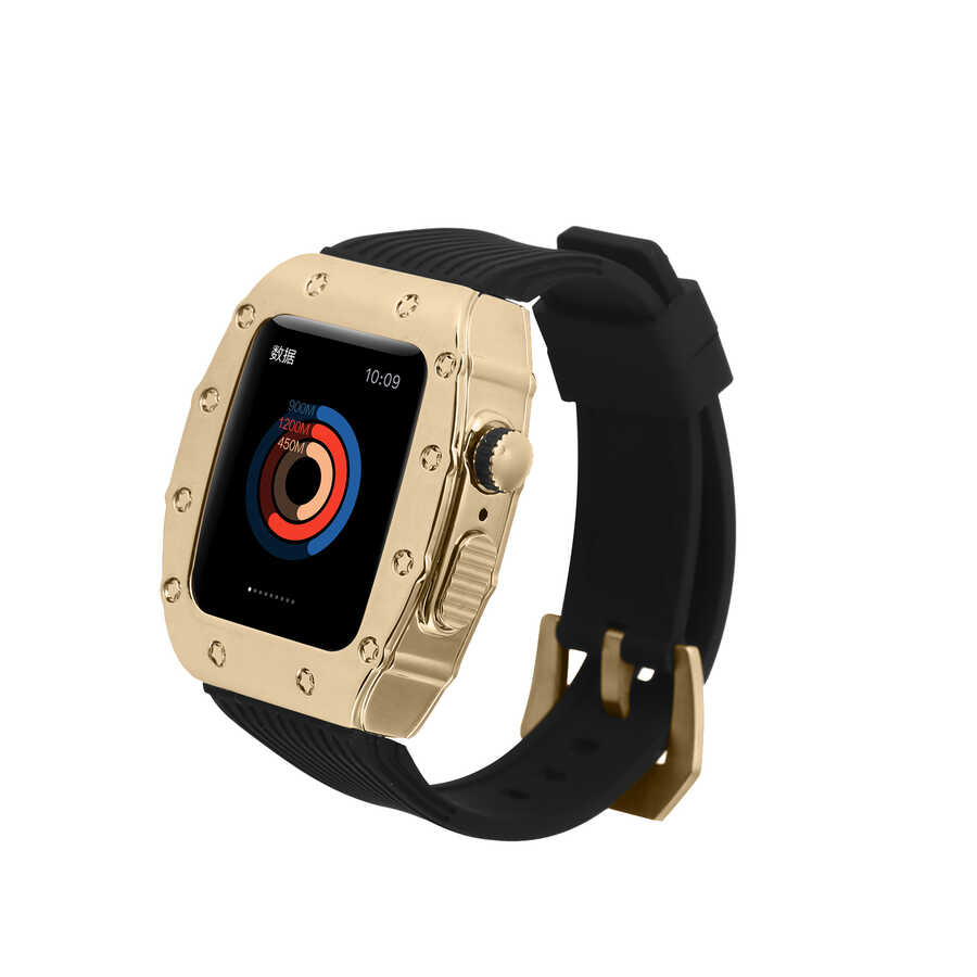​​​Apple Watch 44mm Uyumlu Kordon Metal Kasa Korumalı Silikon Luxury KRD-65 Kayış