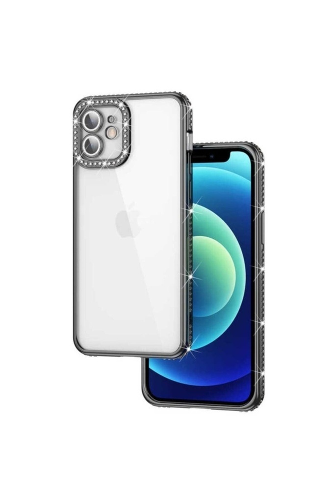 [RNZ-TA75095] Apple iPhone 12 Uyumlu Kılıf Kamera Korumalı Taşlı Zore Mina Kapak (Siyah)