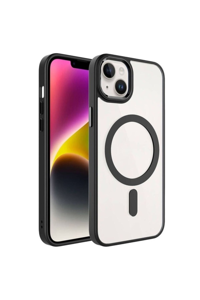 [RNZ-TA74220] Apple iPhone 13 Uyumlu Kılıf Wireless Şarj Özellikli Zore Krom M-safe Silikon Kapak (Siyah)