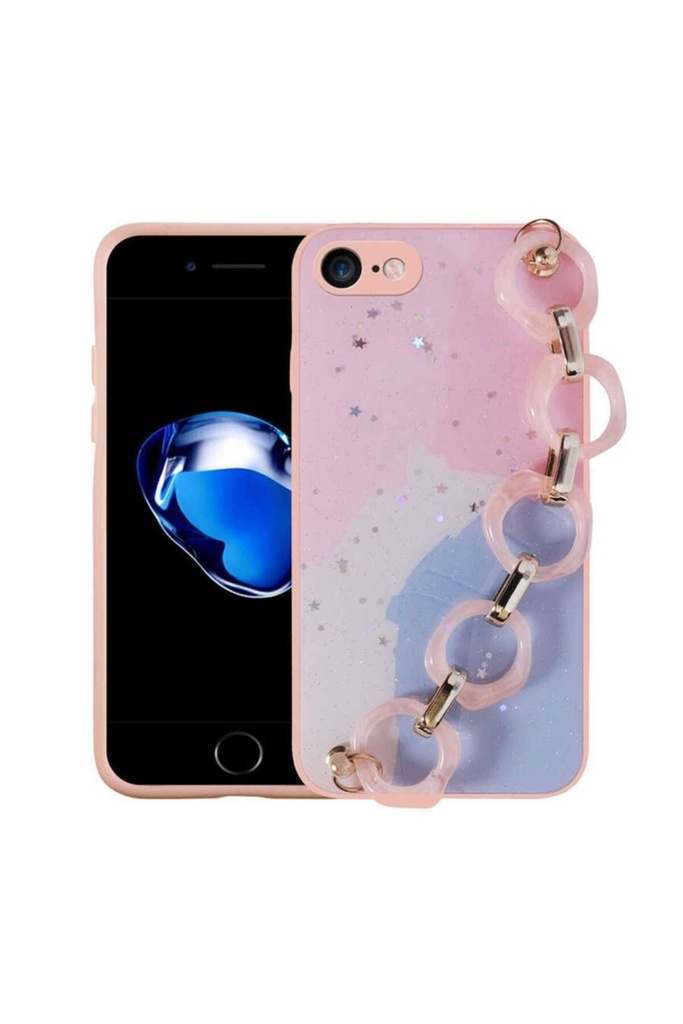 [RNZ-TA74258] Apple iPhone SE 2020 Uyumlu Kılıf Simli Desenli El Askılı Tutacaklı Zore Elsa Silikon Kapak (Pembe)