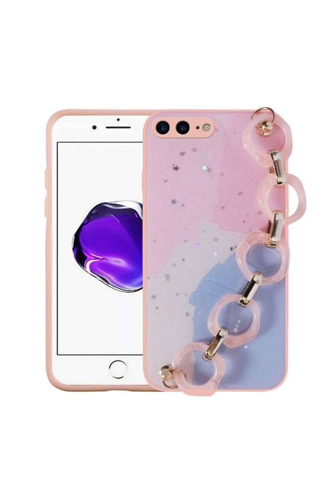 [RNZ-TA74270] Apple iPhone 8 Plus Uyumlu Kılıf Simli Desenli El Askılı Tutacaklı Zore Elsa Silikon Kapak (Pembe)