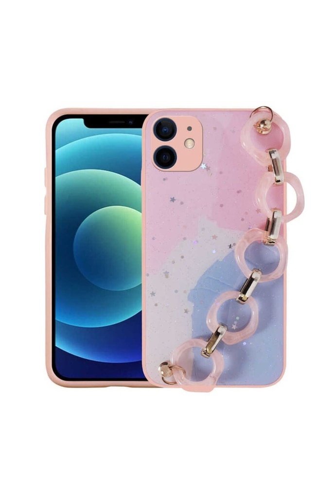 [RNZ-TA74278] Apple iPhone 12 Uyumlu Kılıf Simli Desenli El Askılı Tutacaklı Zore Elsa Silikon Kapak (Pembe)