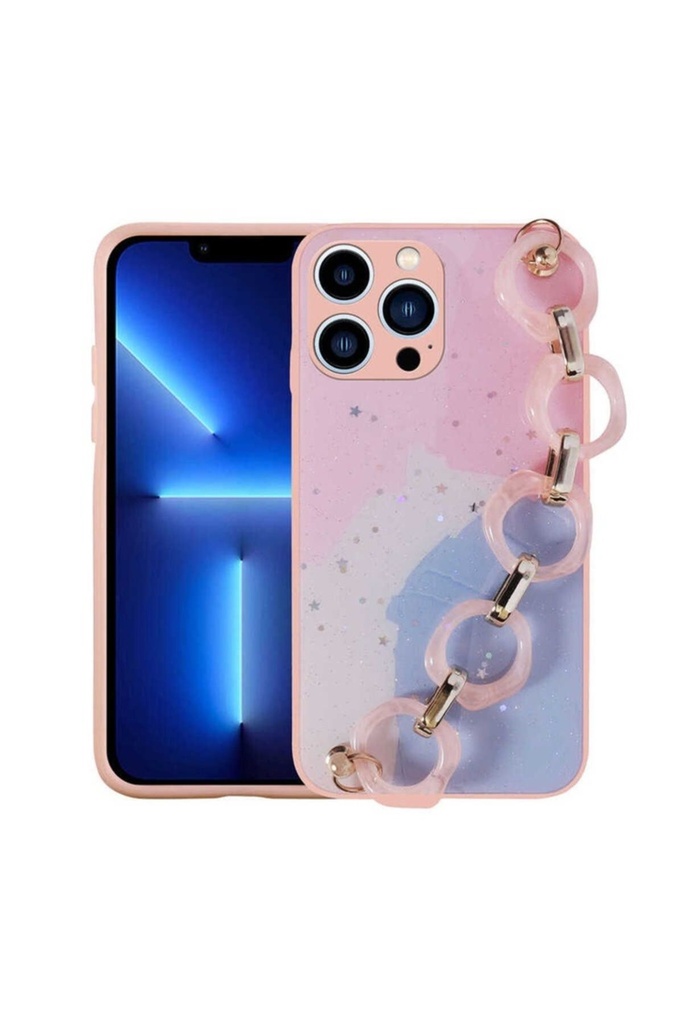 [RNZ-TA74282] Apple iPhone 12 Pro Uyumlu Kılıf Simli Desenli El Askılı Tutacaklı Zore Elsa Silikon Kapak (Pembe)