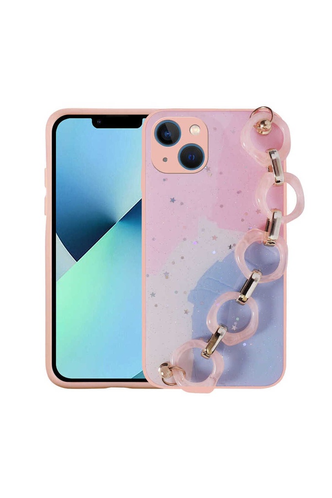 [RNZ-TA74290] Apple iPhone 13 Uyumlu Kılıf Simli Desenli El Askılı Tutacaklı Zore Elsa Silikon Kapak (Pembe)