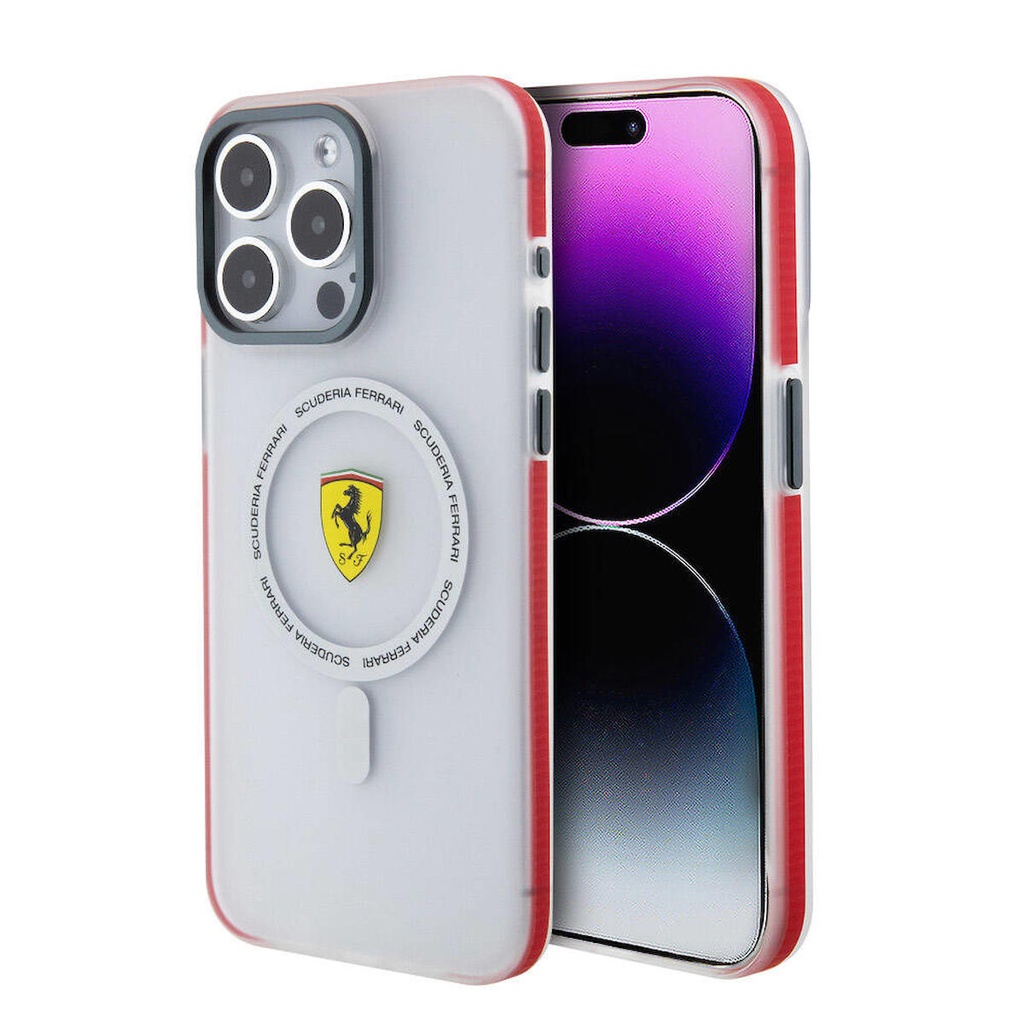 Apple iPhone 15 Pro Max Uyumlu Kılıf Ferrari Orjinal Lisanslı M-safe Şarj Özellikli Kontrast Bumper SF Ring Kapak