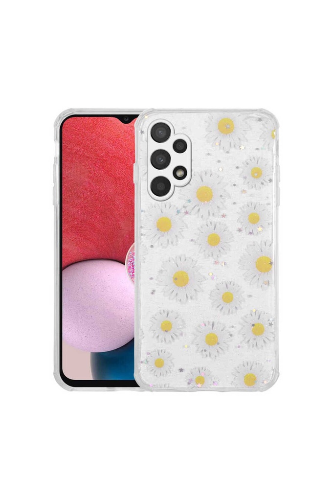 Samsung Galaxy A13 4G Uyumlu Kılıf Simli Desenli Kamera Korumalı Parlak Zore Popy Kapak