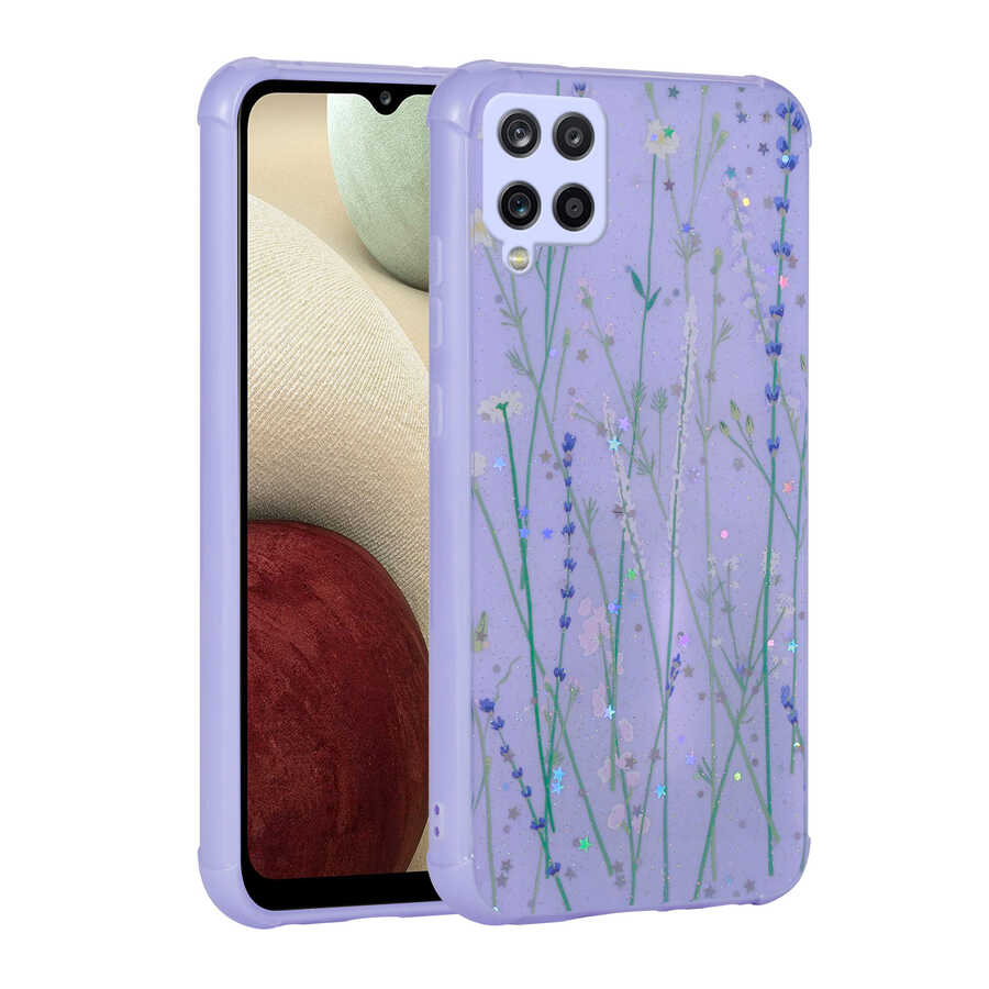 Samsung Galaxy A12 Uyumlu Kılıf Simli Desenli Kamera Korumalı Parlak Zore Popy Kapak