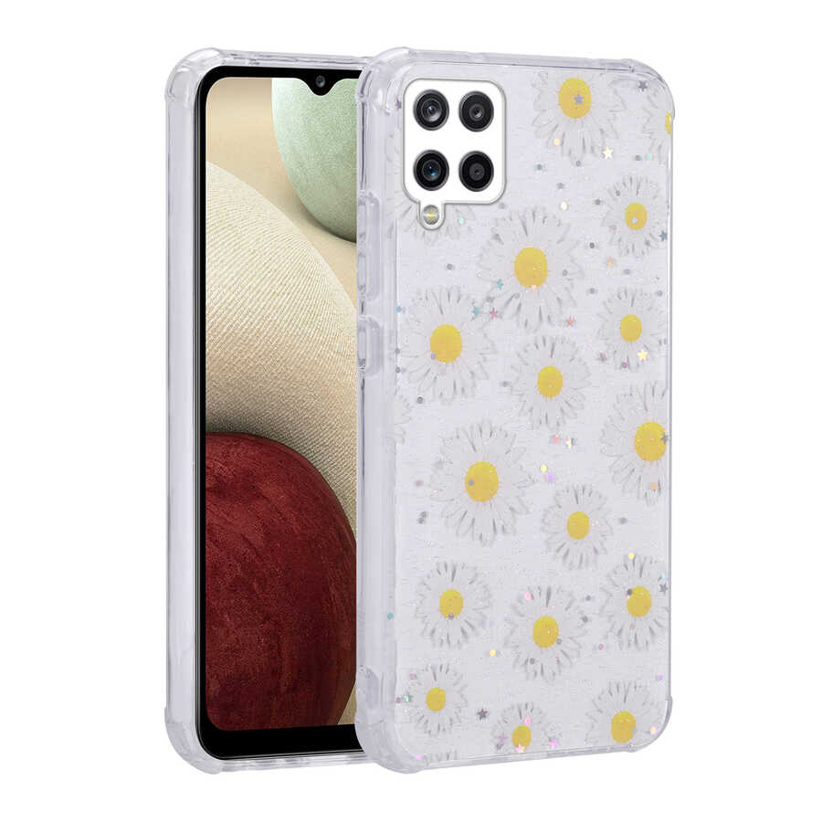 Samsung Galaxy A12 Uyumlu Kılıf Simli Desenli Kamera Korumalı Parlak Zore Popy Kapak
