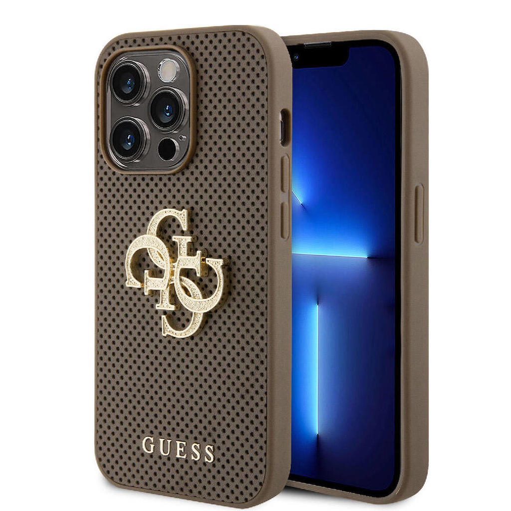 Apple iPhone 15 Pro Max Uyumlu Kılıf Guess Orjinal Lisanslı Delikli Yazı ve 4G Glitter Büyük Metal Logolu Kapak