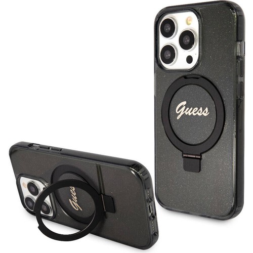 Apple iPhone 15 Pro Uyumlu Kılıf Guess Orjinal Lisanslı M-safe Şarj Özellikli Simli Arka Yüzey Ring Standlı Kapak